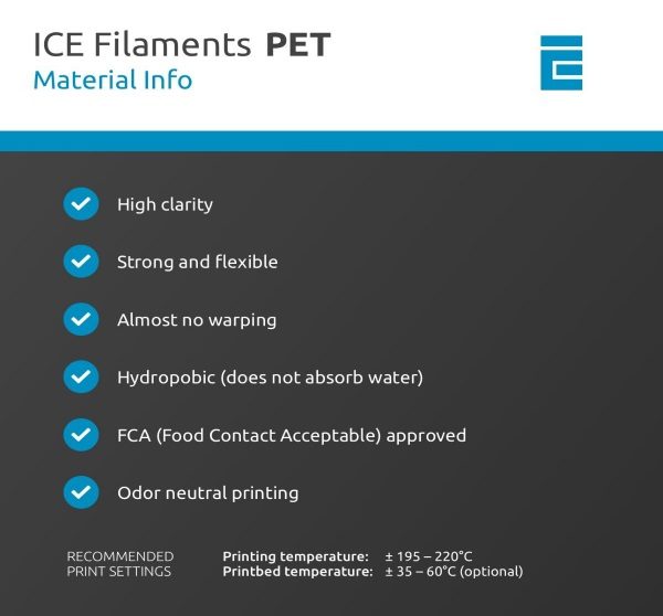 Filament 3d ICE FILAMENTS PET bleu ciel transparent caractéristiques