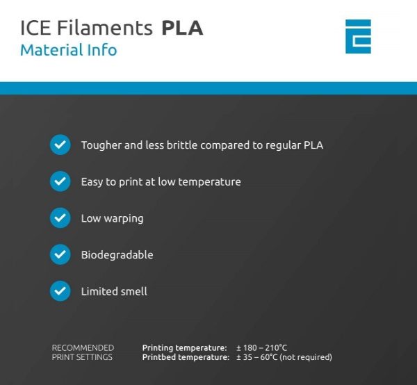 Filament 3d ICE FILAMENTS PLA vert caractéristiques