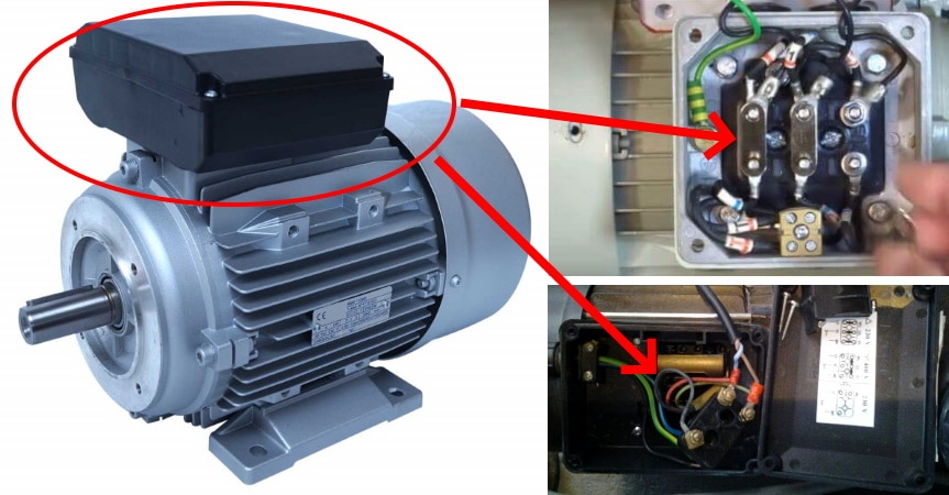 Boitier de raccordement moteur électrique mono ou triphasé, avec ou sans condensateur de démarrage, à deux ou trois enroulements