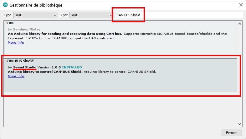 Librairie bus can arduino, bibliothèque logiciel IDE pour gestion shield CAN BUS, pour contrôle émission réception via Nano, Uno, Mega, ou autre