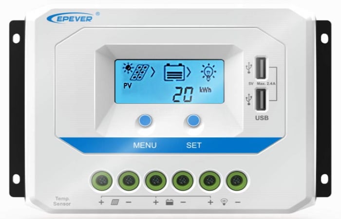 Régulateur solaire EPEVER 12V 24V et 30A pour panneau photovoltaïque technologie PWM et afficheur LCD avec port USB double top4