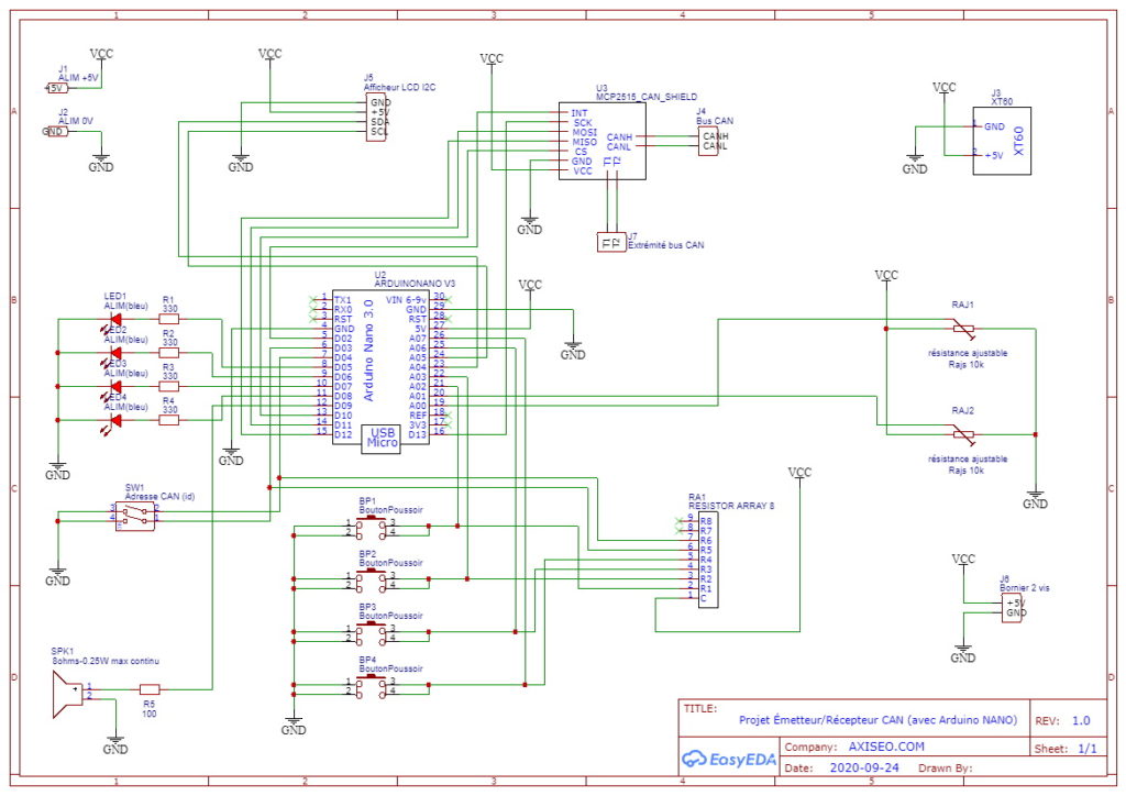 Schéma électronique émetteur récepteur bus can piloté par arduino nano, et shield MCP2515, avec écran LCD pour débutant en programmation