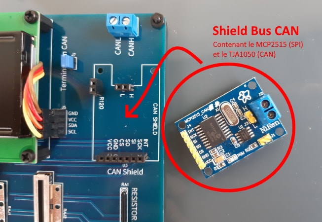 Shield bus can MCP2515 TJA1050 pour gestion émetteur récepteur via SPI sur Arduino, via broches MISO MOSI SCK et CS, avec résistance 120 ohms