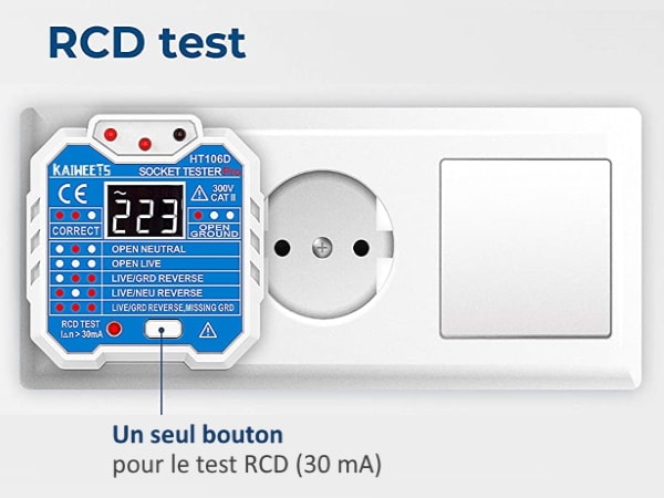 Appareil test différentiel sur prise de courant, fonction test de terre électrique, et présence phase, neutre, puis terre avec bouton RCD 30 mA maison